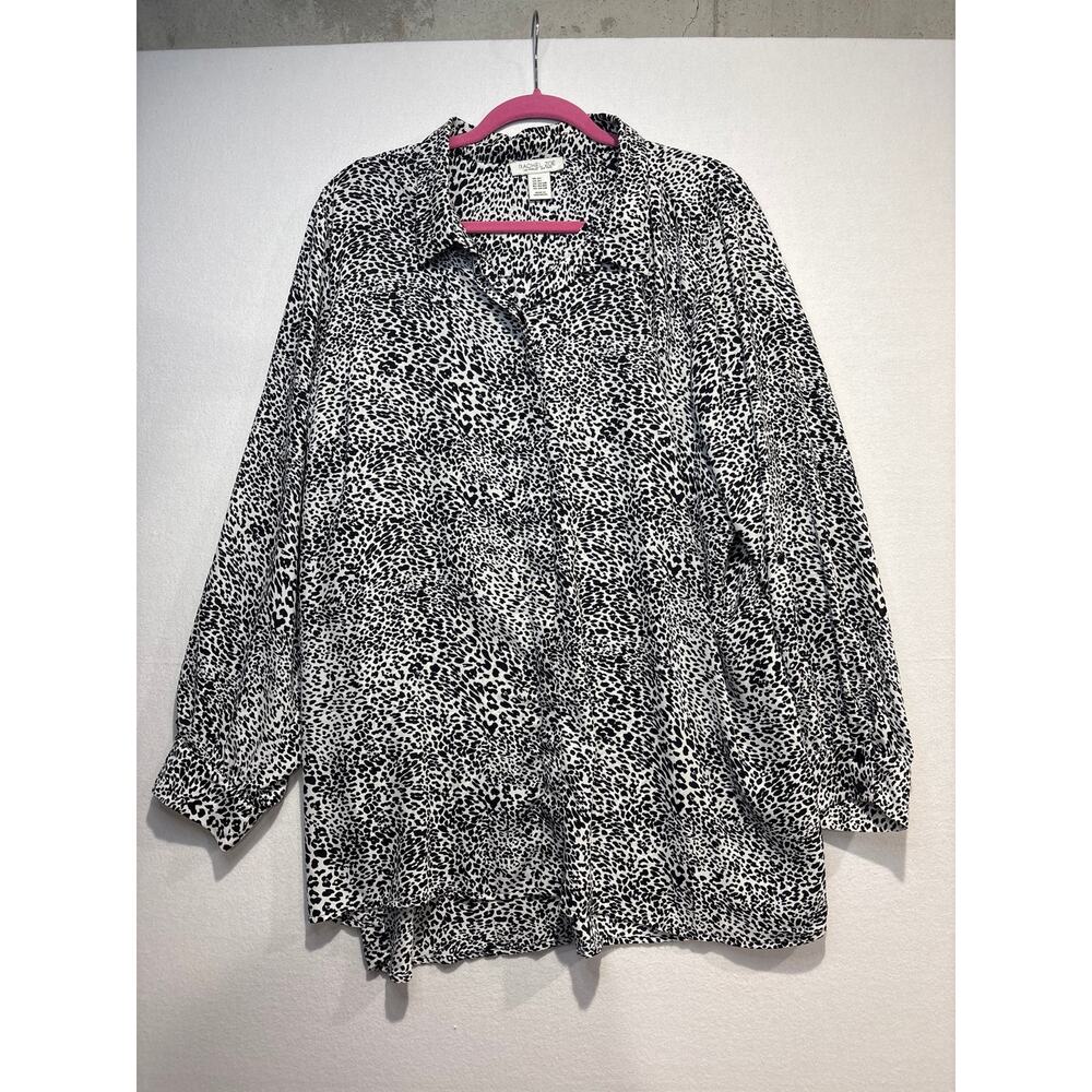 Rachel Zoe Black & White Animal Print Top Long Sleeve Button Down 3X